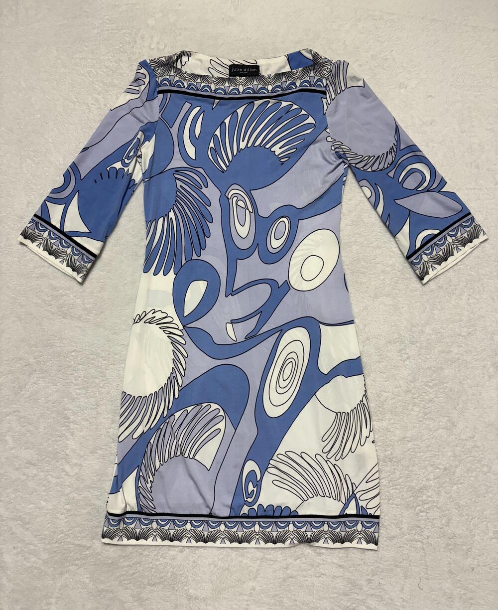 Julie Dillon Dress Womens 0 Blue White Abstract Print 3/4 Sleeve Sheath Stretch